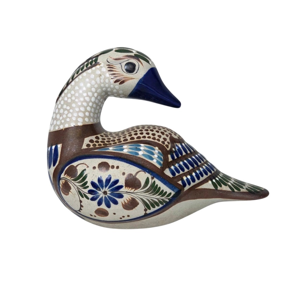 Vintage Tonala Mexico Pottery Duck Figurine Hand Painted Blue Signed Folk Art